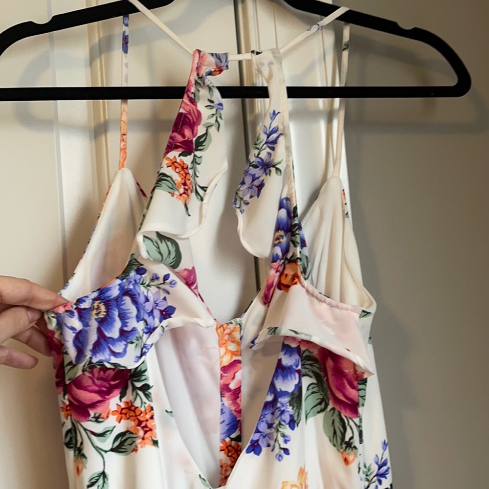 White floral maxi dress with ruffle open back detail